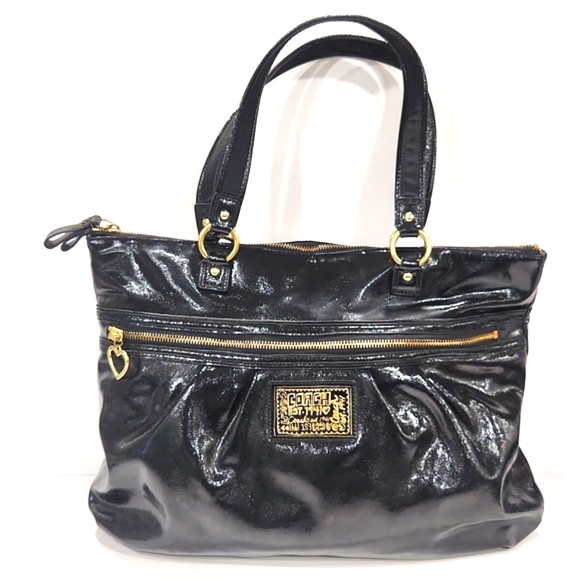Coach F-20004 Daisy Liquid Gloss Black Patent Leather Shoulder Bag Tote Purse - Picture 2 of 16